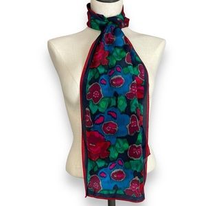 Vintage Scarf Floral‎ Long Jewel Tones Red Green Blue Classic Moody Timeless